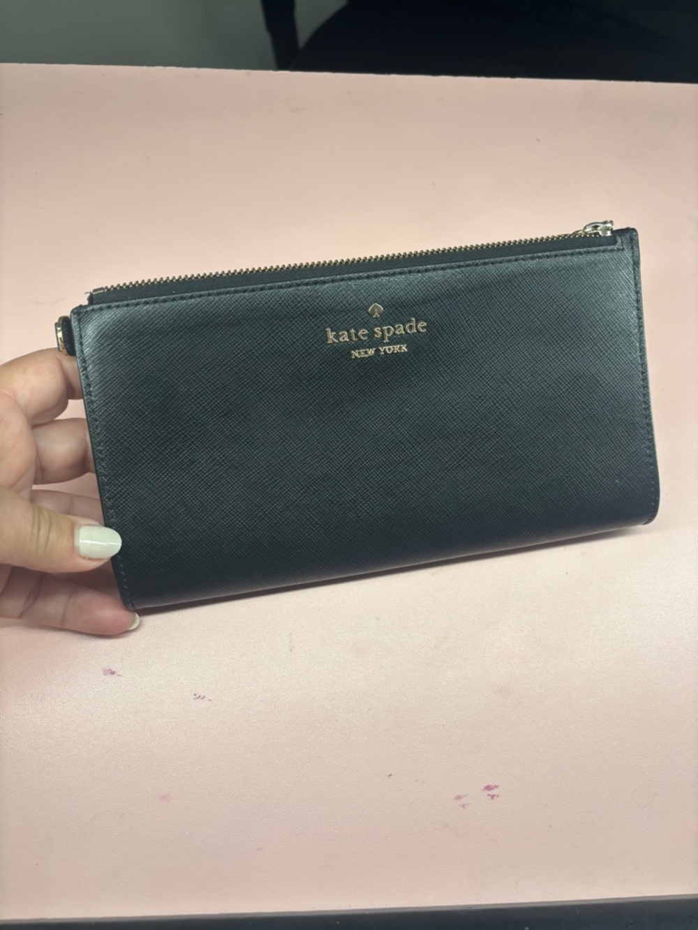 kate spade black zip-around continental wallet with gold logo
